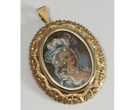 An oval portrait miniature pendant depicting a head and shoulders study of a lady wearing a hat, set with small white stones 