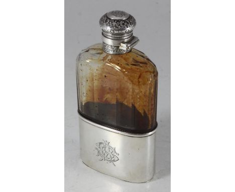 A Victorian glass hip flask with silver mounted base and lid by George Brace, hallmarked London, 1885, 15cm tall 