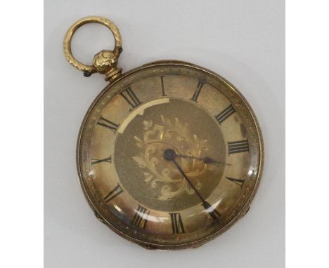 A 19th century ladies Continental 18ct gold open-face pocket watch, with foliate engraved and engine-turned dial with Roman n