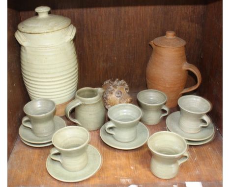 SECTION 39. A small collection of Leach, St Ives pottery, comprising a 13-piece tea set, a jug, a large two-handled vessel wi