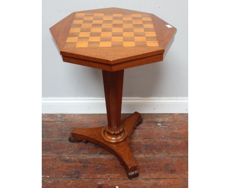 A Victorian mahogany octagonal occasional table with rosewood and satinwood chessboard top, tapering column, concave triparti