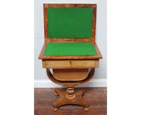 A Victorian burr-walnut ladies workbox/card table, with inverted satin-covered storage box, compartmented drawer and folding 