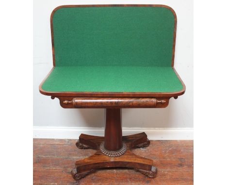 A William IV mahogany folding card table, with nicely-figured flame mahogany veneered top, plain column quadripartite base, 8