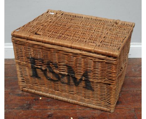 A Fortnum &amp; Mason wicker hamper, together with three carved wooden elephants on wooden plinth (2) 