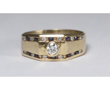 An unmarked yellow metal ring, testing as 14-15ct, the faceted top set with a single brilliant-cut diamond, spreading approxi