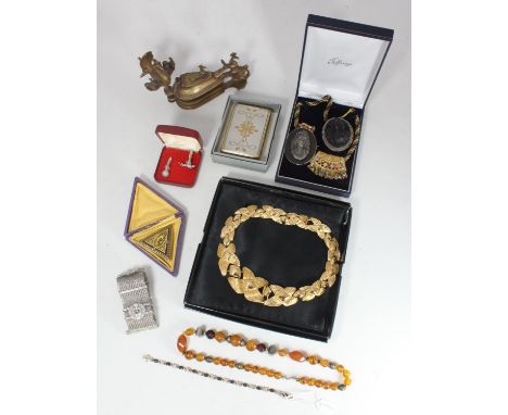 A small quantity of costume jewellery including necklaces, brooches and ladies compact etc, together with a brass Bindi pot f