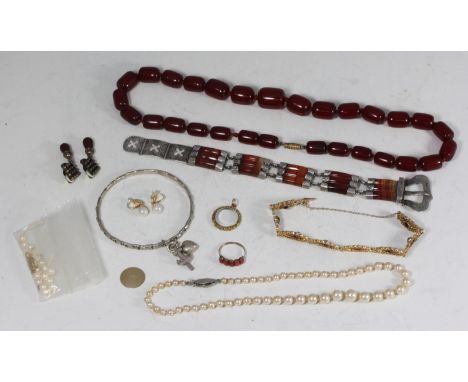 A 19th century white metal and agate bracelet, together with an amber style bead necklace coral ring and other costume jewell