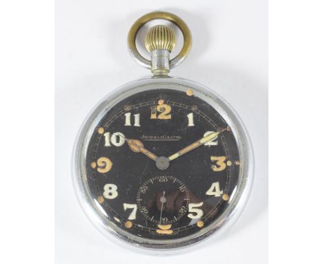 A Jaeger-LeCoultre WWII military open-face pocket watch, the black dial with Arabic numerals denoting hours, case back marked