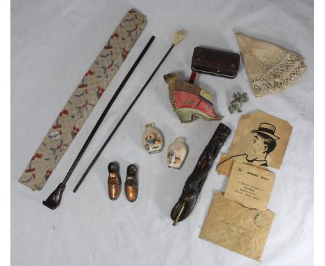 Various collectables including a pair of Chinese internally-painted glass snuff bottles, brass and bamboo opium pipe with sna