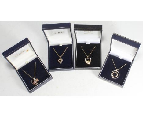 Three various 9ct gold necklaces with love-heart pendants and another with double ring pendant, 10.89g gross (4) 