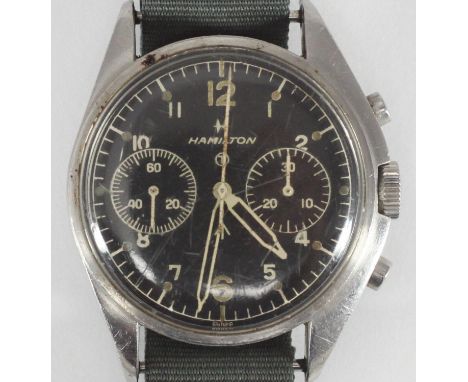 A gents Hamilton RAF chronograph wristwatch, with manual wind movement, dated 1970, the black dial with Arabic numerals denot