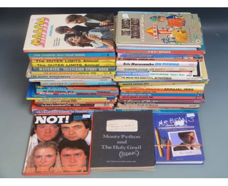 Fifty TV related annuals and books including Magic Roundabout, Outer Limits, Monty Python, Mork &amp; Mindy, Mr Men, Mr T etc