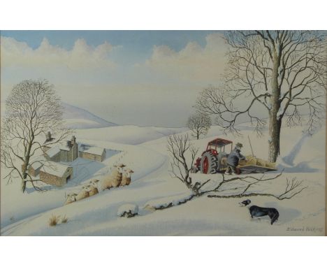 Edward Wilkins (British contemporary) 'Winter in Dyfed, Wales' snowy farming scene with tractor and farmer feeding sheep, 32 