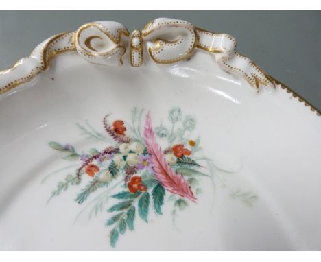Royal Worcester late 19thC ribbon handled shallow dish or tray, hand decorated with bouquets of summer flowers, L38cm&nbsp;