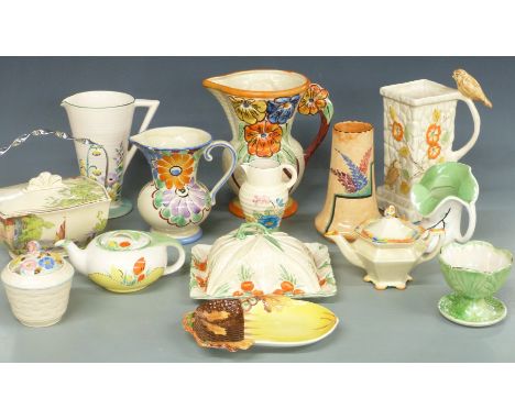 Art Deco pottery including Burleigh / Burgess &amp; Leigh, Wadeheath / Wade etc, tallest 26cm