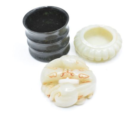 Chinese jade carving depicting two phoenix (5.5cm), a nephrite jade cup (4cm) and a jade bowl, 1.8cm
