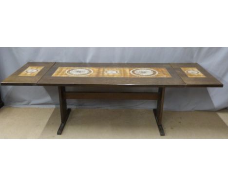 Retro Danish Farstrup tile inset dining table and six chairs (2+4), the table with double end extensions, W242 x D90 x H71cm&