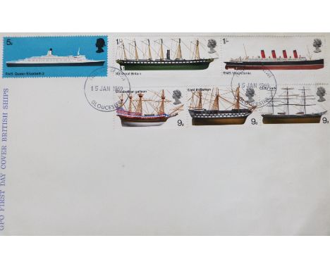 RMS Queen Elizabeth II corner block of four stamps red omitted GB 1969 (SG778c) unused together with ships first day cover wh