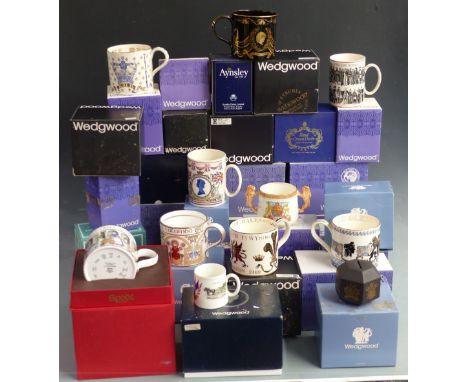 A collection of limited edition Wedgwood mugs by Richard Guyett, most boxed, further Wedgwood, Royal Crown Derby and Paragon 