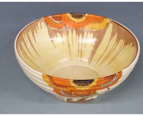 Clarice Cliff for Wilkinson Pottery Bizarre ribbed pedestal bowl decorated in the Delecia pattern, height 12cm, diameter 24.5