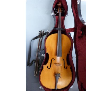 Antonius Stradivarius 20thC copy cello, with two piece 75cm back, in fitted case with two bows, 59 and 69g each, together wit