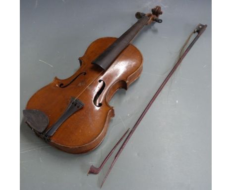 Stradivarius copy late 19thC violin, with 35cm two-piece back, in original coffin style case, with bow