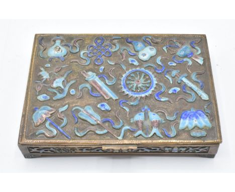 An early 20thC Chinese box set with enamel depicting auspicious symbols, 12 x 8 x 2cm