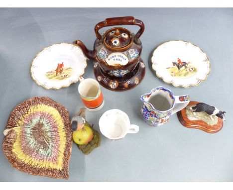 Gray's Pottery jug, probably Susie Cooper banded pattern 7670 c1927, Royal Crown Derby cabinet plates, Bargeware teapot and s