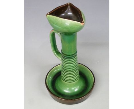 Christopher Dresser style pottery chamberstick with green glaze, possibly Linthorpe, H24cm&nbsp;