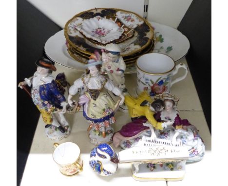 Royal Crown Derby paperweights, Imari 1128 pattern pin dish, Coalport cabinet plates, continental figures and a large Wedgwoo