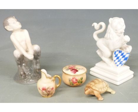 Nymphenburg griffin figure, Copenhagen figure and miniature Royal Worcester items, tallest 9cm