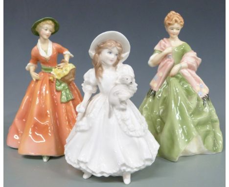 Five porcelain figures including Royal Doulton Mask Seller, Coalport and Royal Worcester examples, tallest 22cm