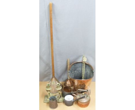Arts and Crafts copper embossed coal bucket, two copper washing tools, copper kettle etc