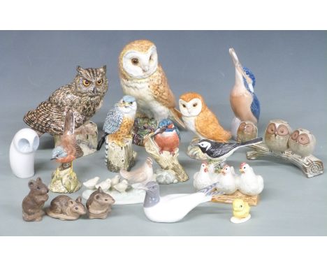 A collection of bird and animal figures including Copenhagen kingfisher and gull, two Beswick owls, Mack China birds, Nao, Po