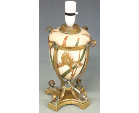 Macintyre &amp; Co Messenger oil lamp converted to electricity, with iris decoration, possibly an early Moorcroft design, imp