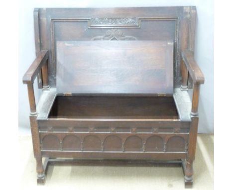 Oak monk's bench, with fold over top, L92cm&nbsp;