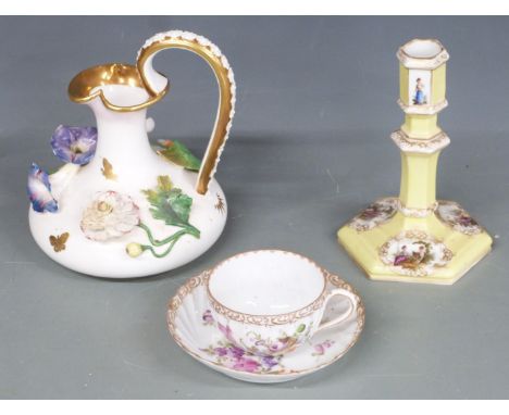 Derby flower encrusted jug, Berlin candlestick and a wrythen moulded cabinet cup and saucer