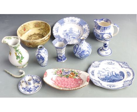 Royal Doulton Series Ware pedestal bowl, Maling dish, blue and white ceramics, German chamberstick and candlestick&nbsp;
