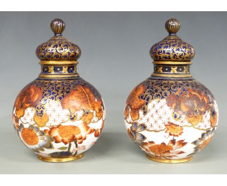 A pair of Royal Crown Derby Imari covered pedestal vases, shape no G91, 2444, H16.5cm