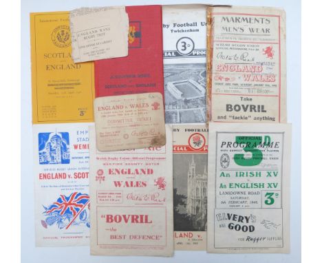 Eight Rugby programmes from WW2 1940-1946, most England v Scotland, Wales, Irish XV, a 1942-1945 souvenir book England v Scot