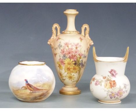 Three Royal Worcester vases including one hand decorated with pheasants signed Maybury, blush ivory twin handled pedestal vas