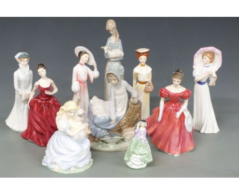 Ten Royal Doulton, Coalport and Nao figurines including The Four Seasons set, Winsome, Innocence, Goose Girl etc, tallest 22c