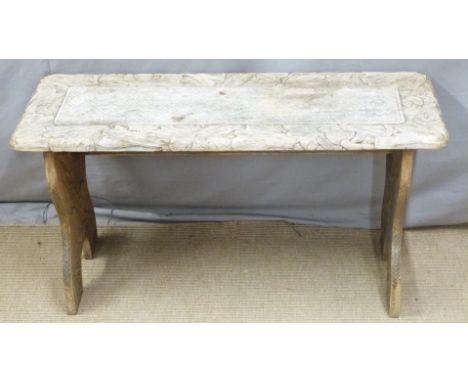 Carved bench/side table, possibly retailed by Liberty, L90 x W35 x H45cm