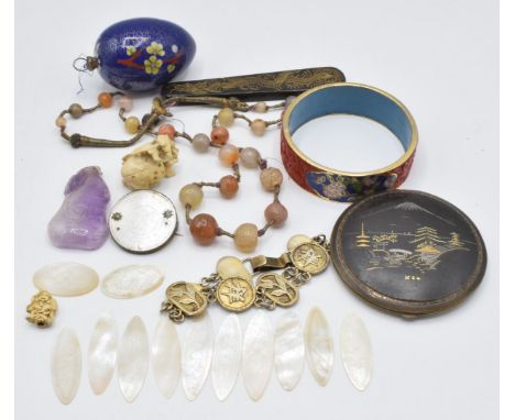 Twelve Chinese mother of pearl counters, amethyst carved pendant, Japanese compact, cinnabar lacquer and cloisonné bangle, ag