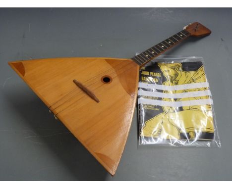 Russian made mid-century balalaika with parquetry decoration to table, label inside with number 19110 n. 1968, with John Peas