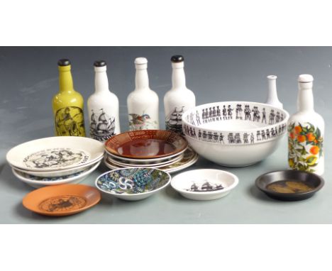 Portmeirion 1960s retro ceramics including five gin bottles, large Reddington's Soldiers pedestal bowl, plates including Magi