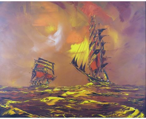 George R Deakins (1911-1982) acrylic on board seascapes sailing ships at sea, signed and dated 72 lower right, 60 x 75cm&nbsp