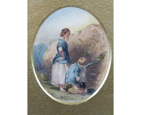 19thC miniature watercolour of a woman with child drinking from a spring, label verso 'att to Poole', 9 x 7.5cm