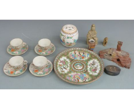 A collection of Chinese and Japanese ceramics including a famille rose dish (25cm in diameter), cups and saucers, Satsuma vas