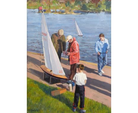 Robert Brandt (British Contemporary) oil or acrylic on board 'Yachtsmen' of figures with model boat, signed lower left, 49 x 